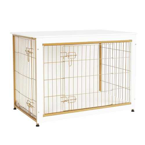 38.5" XL Dog Crate Furniture with Cushion (White+Gold / 38.5"L x 25.6"W x 26.8"H)