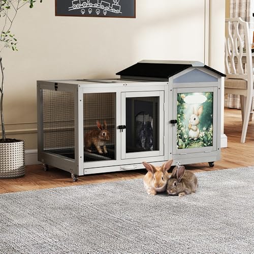 39IN Heated Rabbit Hutch with Wheels (Grey)
