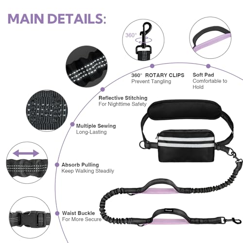 Hands Free Dog Leash for Two Dogs Walking (Black/Purple / Large)