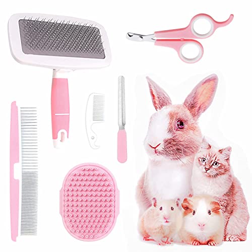 Small Animal Pet Grooming Kit with Pet Shedding Slicker Brush (Pink)