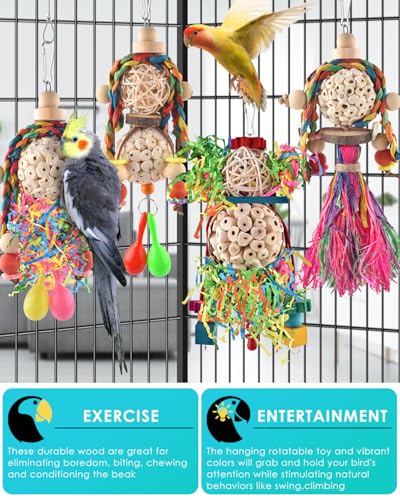 Conure Toys 4 PCS Bird Parrot Foraging Shredder Hanging Toys Sola Balls with Sand Hammer for Small Parrots Parakeets Conures Cockatiels Love Birds Cage Toy (4 PCS)