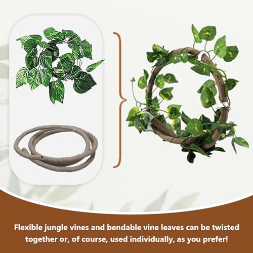 Reptile Hideout Wooden Bridge Bearded Dragon Hammock Reptiles Jungle Climbing Vines Flexible Leaves Bearded Dragon Accessories for Lizard Gecko Chameleon Snake Hamster