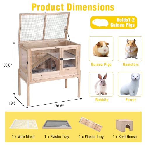 2 Story Indoor Rabbit Hutch Guinea Pig Cage with Stand ((Natural Wood) / 36.6"L x 19.6"W x 36.6"H)