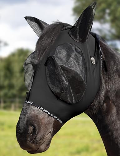 Horse Fly Mask with Forelock Opening Stretch Breathable and Comfortable for Horses UV (Piano Black / L)