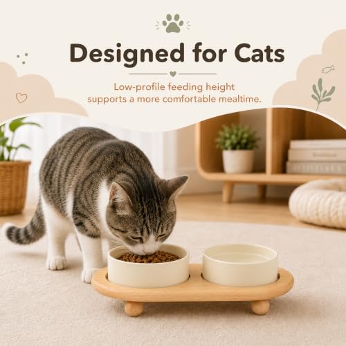 Raised Cat Bowl 5.1” Elevated Ceramic Cat Food and Water Bowl Set (Light Yellow)