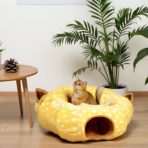 Cat Donut Tunnel with Bed for Kitten Puppy Rabbit Ferret (Yellow)