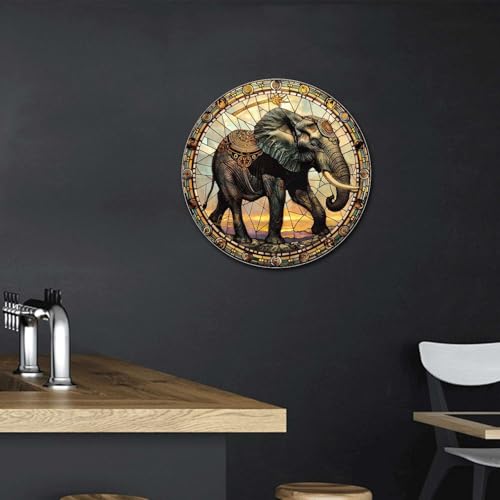 Metal Sign Tin Sign Circular Stained Glass Elephant Garden Tin Sign for Yard 8×8 Inches (8×8 Inches / Elephant)