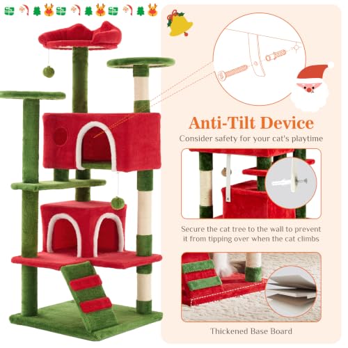 54 inch Cat Tree Tower with Scratching Posts (Red & Green / 54IN)