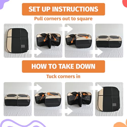 2-in-1 Dog Playpen 58''Pop Up Cat Pet Playpen, Assembly-Free Indoor Outdoor Kitten Enclosure, Kitten Pen Cat Cage Portable Puppy Tent Crates Kennel for Small Animals(No Divider, Unified Space) (Beige / M, 58.3"L x 30"W x 24.1"H)