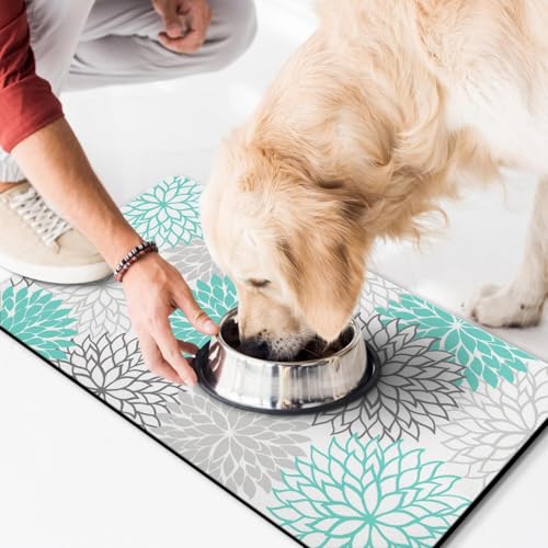 Pet Feeding Mat for Floors Waterproof Dog Mat for Food and Water Absorbent Quick Dry Non Slip mat for Cat Bowls (30"L x 17"W / Turquoise)