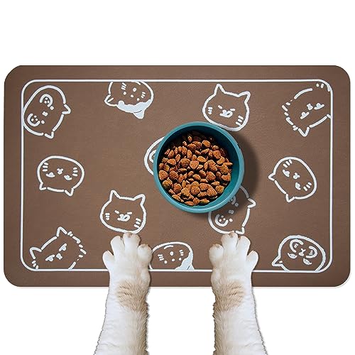 Cat Food and Water Mat for Pets (Brown & Multiple cat heads Logo / 24"L x 16.9"W)