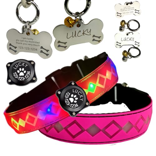 LED Dog Collar with AirTag Holder and Custom ID Tag (PINK Pro / L(15.7-19.7"))