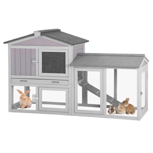 Chicken Coop Hen House with Run Outdoor Rabbit Cage Indoor Bunny Hutch with Waterproof Roof Poultry Cage (Gray / 57.02"L x 21.3"W x 33.4"H)