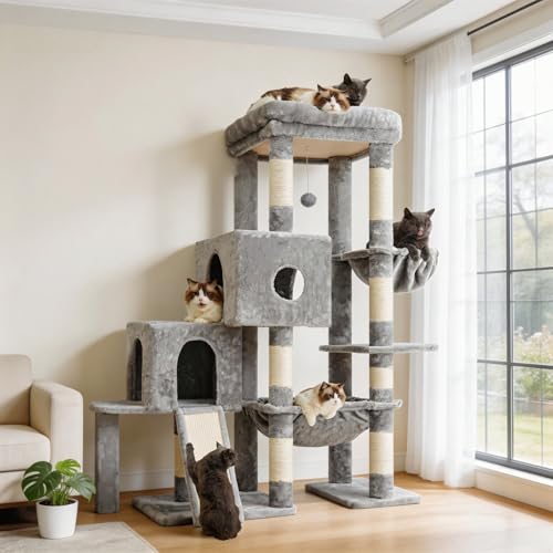 Cat Tree Tower with Plush Steped Condos (50 inches / Light Gray)