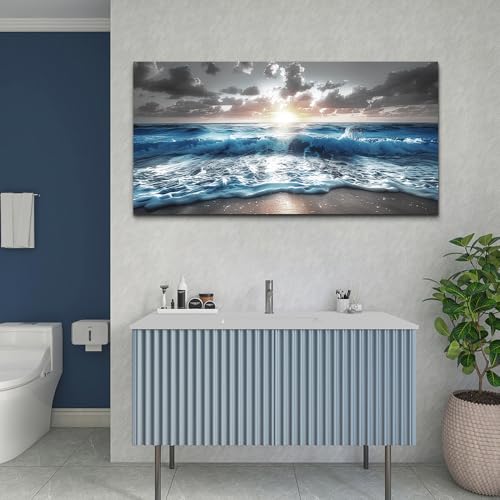 Canvas Wall Decor For Office Large Wall Art For Living Room Blue Beach Painting Sea Waves Sunshine Wall Pictures Bedroom Home Decorations Prints Posters Mural Artwork Ready To Hang (48"L x 24"W / Sea Sunshine Waves Pictures)