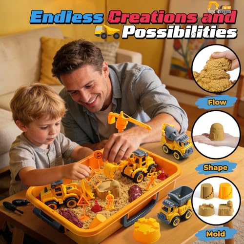 Construction Play Sand Kit with 4 Take Apart Trucks for Boys Age 3