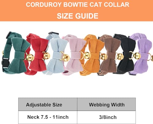 2 Pack Soft Corduroy Cat Collars with Bow Tie & Bell Adjustable Breakaway Kitten Bowtie Collar for Male Cats (S:Neck 7.0" - 11.0" / Corduroy-Black Brown)