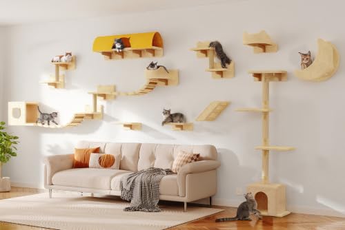 26-in-1 Cat Wall Shelves with Cat Tree, 40''L Tunnel, Moon, Beige (Beige / 26-in-1)