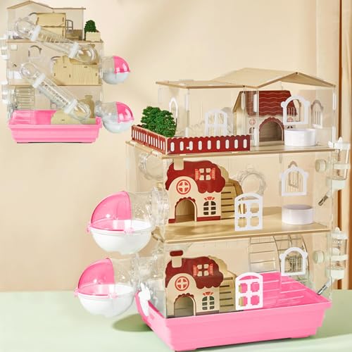 17 in 1 Clear Acrylic Hamster Cage with All Accessories (13.4"L x 10.2"W x 20.5"H / Pink)
