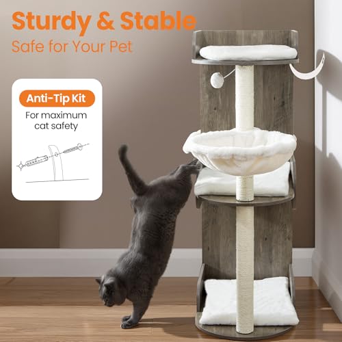 44.8in Modern Wood Cat Tree Tower for Indoor Large Cats with Perch (Greige 2 / 44.8 Inches)
