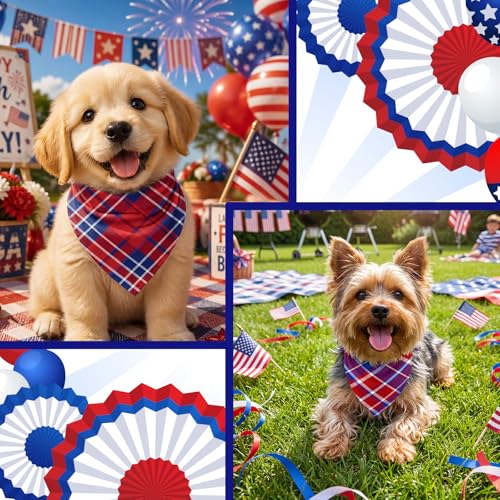 50 Pcs Veterans Day Dog Bandanas Bulk (Red White Blue Plaid / 19.7 x 13.8 x 13.8'')