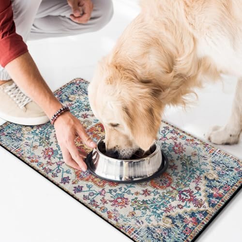 Pet Feeding Mat for Floors Waterproof Dog Mat for Food and Water Absorbent Quick Dry Non Slip mat for Cat Bowls (30"L x 17"W / Boho-2)