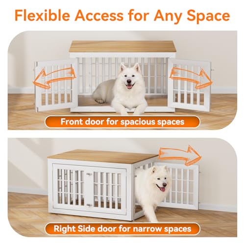 42" Heavy Duty Dog Crate Furniture for Large (42.1"L x 28.7"W x 28.5"H / White+Wood)