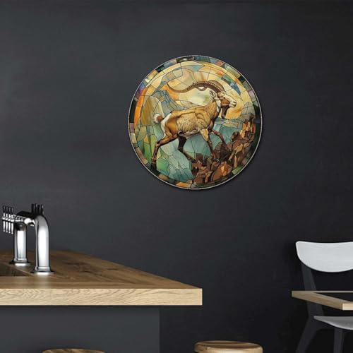 Metal Sign Tin Sign Circular Stained Glass Mountain Goat Wall Art for Bar 12×12 Inches (12×12 Inches / Mountain Goat-2)