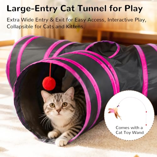 Cat Tunnel, 3-Way Collapsible Toy for Indoor Cats, Black & Red (Black & Rose Red / Small)
