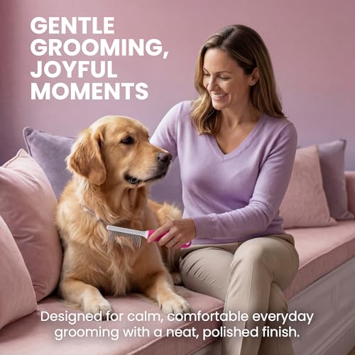Poodle Pet Detangling Pet Comb with Long & Short Stainless Steel Teeth for Removing Matted Fur (Pink / Detangling Pet Comb)