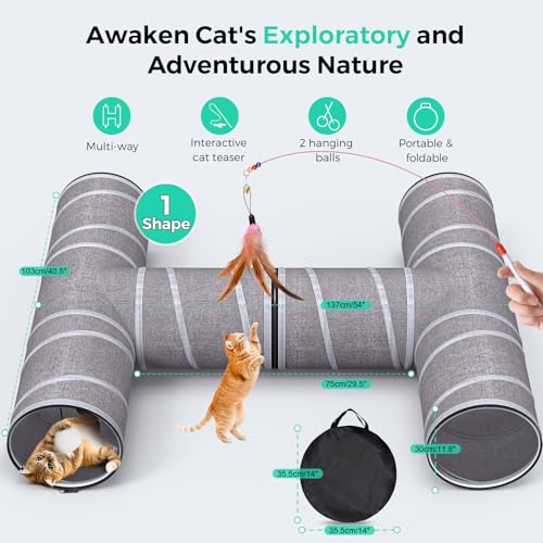 Cat Tunnel 4 Way with Teaser Wand & 2 Plush Ball (L-H-Shape)