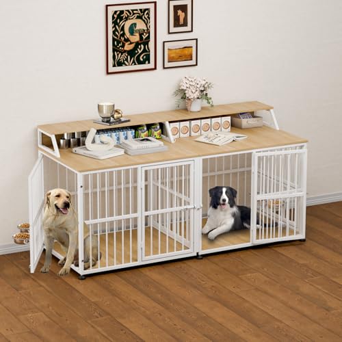 72” Double Dog Crate Furniture (Nature Wood & White / 72.0"L x 28.7"W x 36.8"H)
