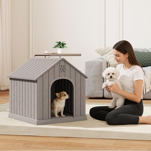 Dog House Outdoor Indoor for Small Medium Dogs (Grey / 26.18" L × 24.02" W × 25.98" H)
