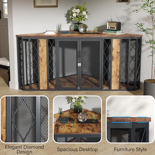 Corner Dog Crate Furniture for Medium to Large Dogs (Brown / 66.9"L x 36.8"W x 29.4"H)