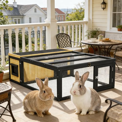 Large Rabbit Cage Outdoor Bunny Hideout Indoor for Backyard Garden (Yellow+Black 2)