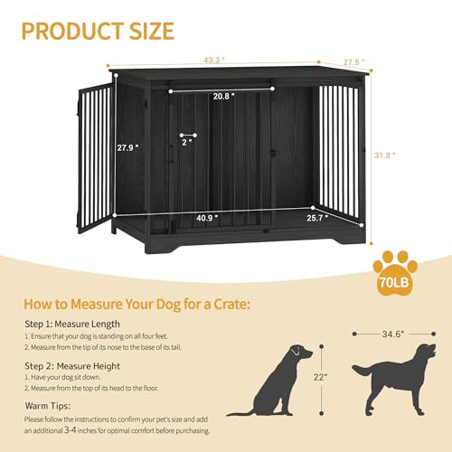 43.3" XL Dog Crate Furniture Indoor Dog Kennel with Barn Door (Black / 43.3"L x 27.5"W x 31.8"H)