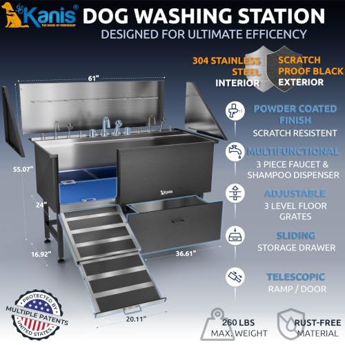 Professional Dog Washing Station 304 Stainless Steel Pet Wash Sink (Black, Left Ramp, 1 Drawer / 61 Inches)
