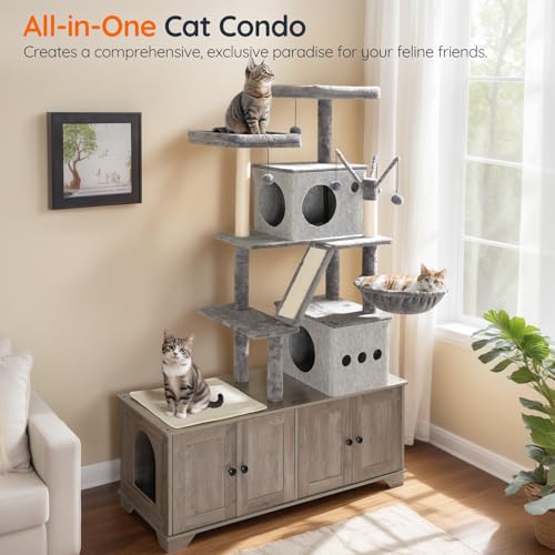 Double Litter Box Enclosure with Cat Tree (Greige)