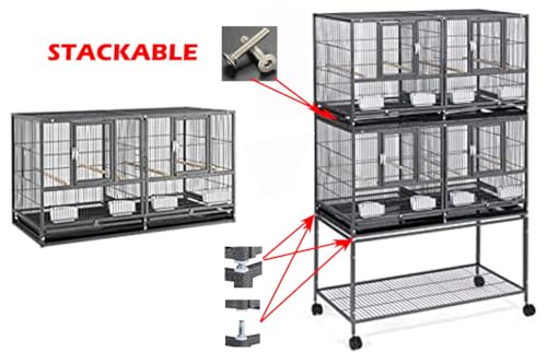 Sturdy Wrought Iron Triple Stack Combo Breeding Stacker Center Divided Breeder Bird Flight Double Rolling Cage with Side Breeding Nest Doors with Rolling Stand Storage Shelf (Black Vein)