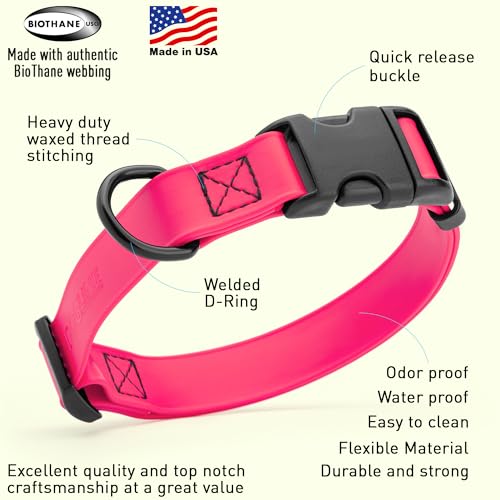 Biothane Waterproof Dog Collar with Quick Release Buckle Strong Coated Nylon Webbing with Odor (5/8"W by 10-14"L / Passionfruit Pink)