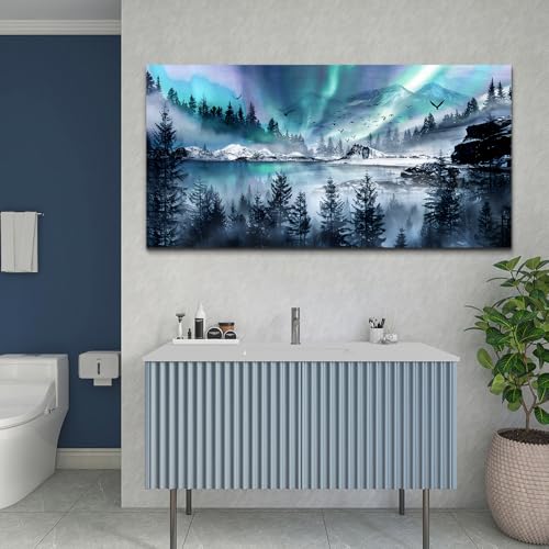 Modern Canvas Wall Art For Office Large Wall Decorations For Living Room Stretched And Framed Canvas Prints Paintings Blue Aurora Scenery Wall Pictures Artwork Hotel Mural Ready To Hang (60"L x 30"W / Blue Aurora Scenery Wall Pictures)