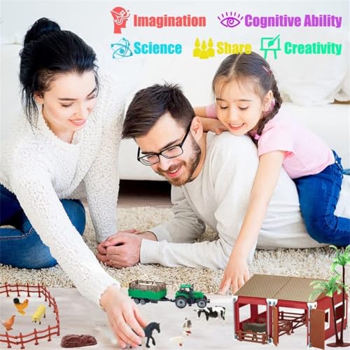 66PCS Mini Farm Animal Barn Toy with Tractor Trailer Fence for Kids Ages 3+ (Farm Animals Toys)
