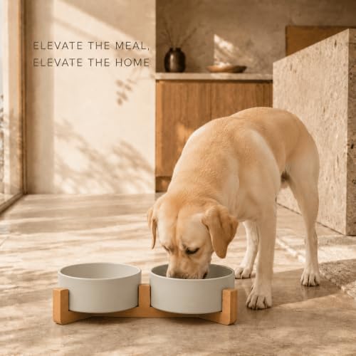 Ceramic Dog and Cat Bowl Set with Wooden Stand (7.6 cups / Grey × 2)