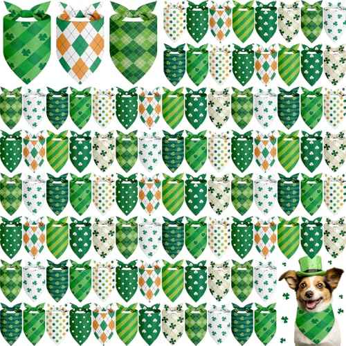 100 Pcs St Patricks Day Bandanas Bulk for Dogs Adjustable Irish Shamrocks Clover Green Plaid Triangle Soft Bibs Puppy Bandana for Small Medium Large Pet Costume (St Patricks Day / 25.6 x 17.7 x 17.7 Inch)