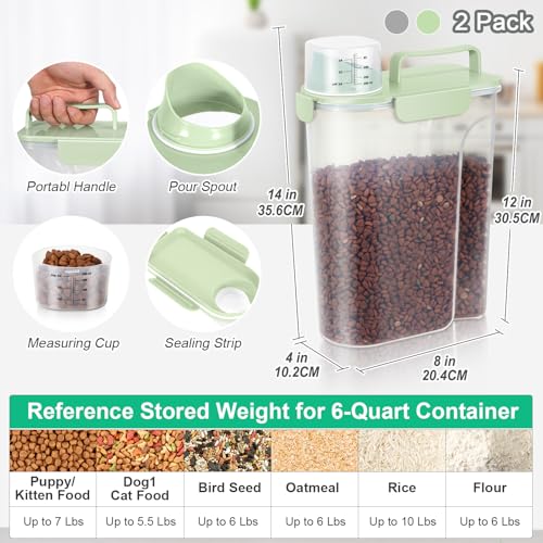 Pet Dog Cat Food Storage Containers 2 Pack 10 to 14 Lbs (Light Green&Light Grey / 6 Qt -2 Pack)