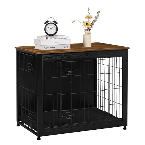 32.5" Dog Crate Furniture with Cushion (Black+Warm Brown / 32.5"L x 21.9"W x 25.6"H)