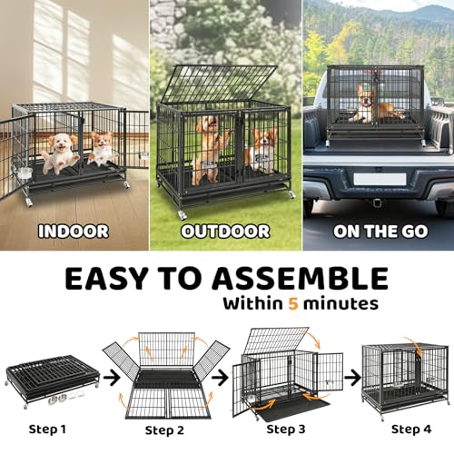 Taller 43" Two Tiers Dog Crate Cage Kennel with Divider (43"L - 2 Tiers - 2 Pack)