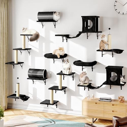 14-in-1 Cat Wall Shelves, Wall-Mounted Cat Climber Set, Black (Black)