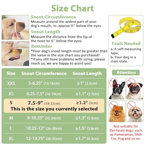 Dog Muzzle with Hook and Loop for Biting Chewing (Black / S-(Snout Cir 7.5"-9"))