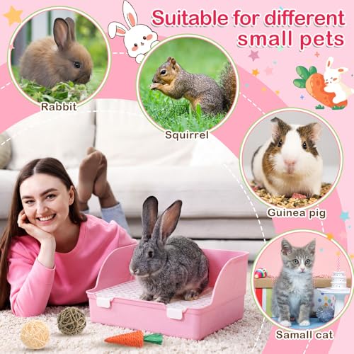 15 Pcs Rabbit Starter Kit Small Rabbit Litter Box Girls Gift Animal Grooming Kit Bunny Toys Bowl Blankets with Cleaning Set for Guinea Pig Accessories (Light Pink)